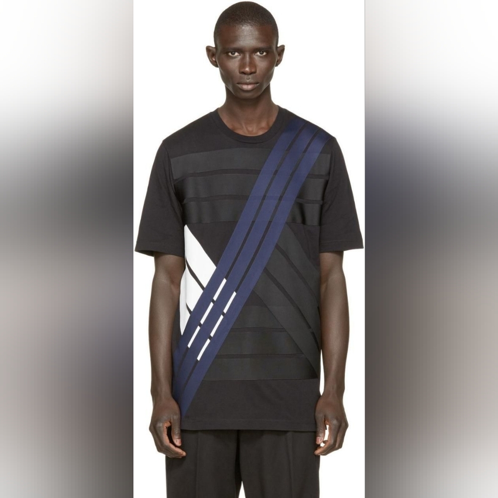 Y-3 Striped Textured Black Blue and White 100% cotton T shirt, size M